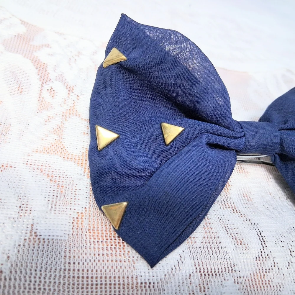 Fabric Bow Barrette French Clip Navy Blue With Brass Studs - Picture 5 of 11